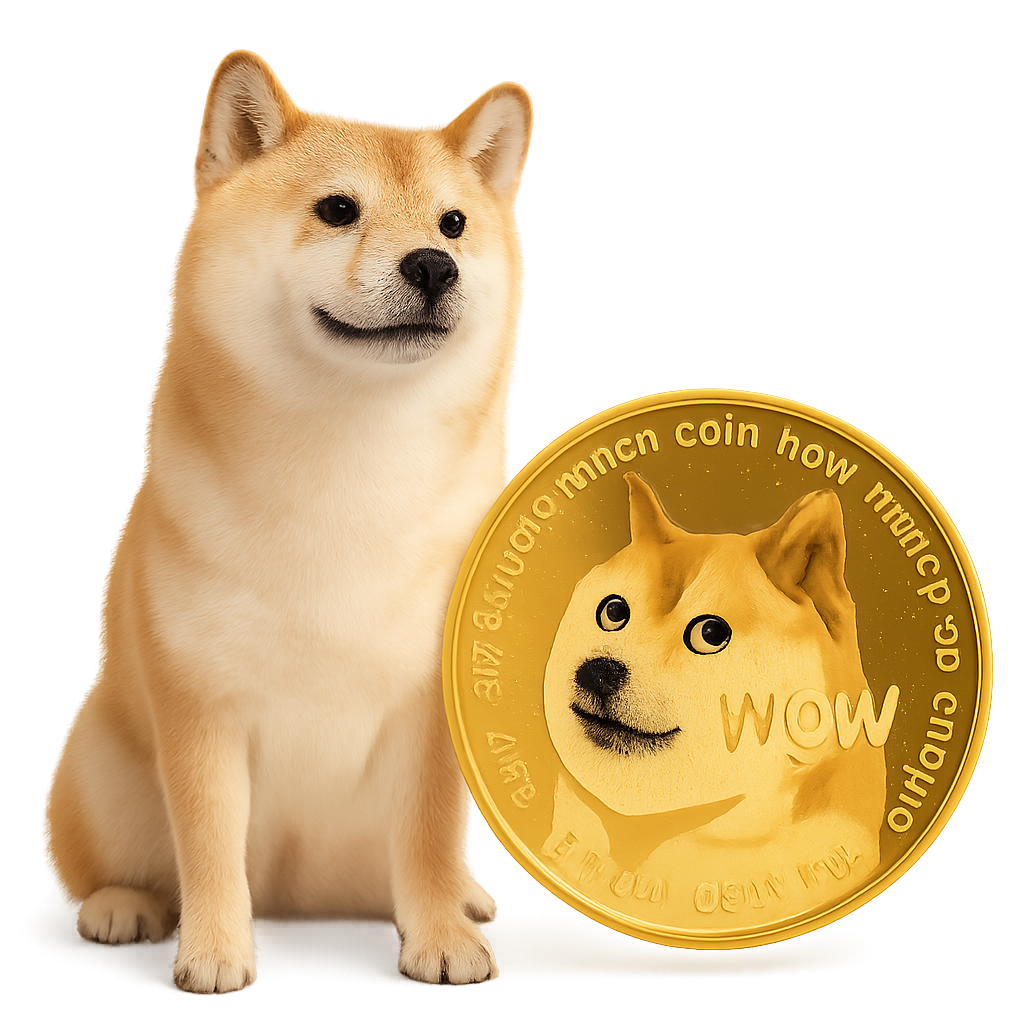 A Shiba Inu Doge dog next to a large gold physical Dogecoin collectible coin